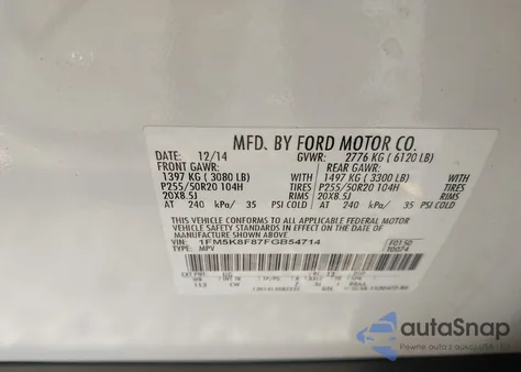 2015 Ford Explorer Limited z USA, uszkodzony, nr VIN 1FM5K8F87FGB54714